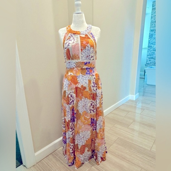 Orange Boho Floral Backless Lace up Sleeveless Maxi Dress w/Pockets! - Picture 10 of 15